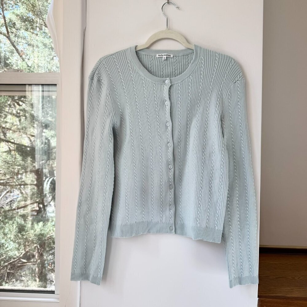Reformation Natalie Cable Knit Cotton Cardigan Sweater Light Blue XL - Picture 4 of 15